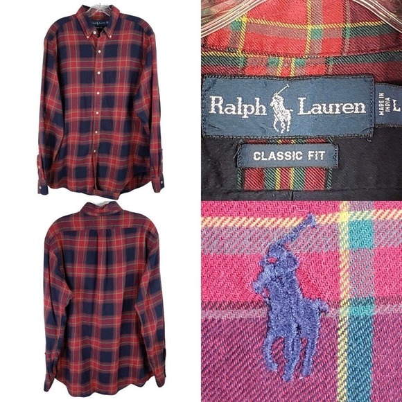 Polo Ralph Lauren Oxford Button Down Shirt Flannel Mens Size L Red Plaid LS Flaw - Picture 1 of 8